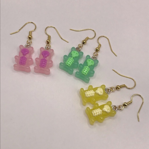 Skeleton Gummy Bear Handmade Earring Set Perfect for Halloween - Picture 3 of 8